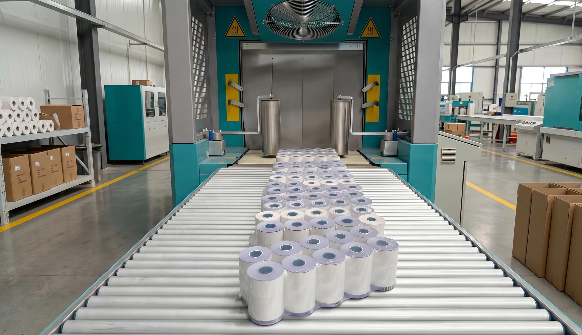 Rollos de papel térmico empacados, listos para envío